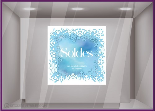 Sticker Soldes Carre Flocons COMMERCE VITROPHANIE ADHESIF IDEE DECORATION VITRINE VITRES  CALICOT PROMOTIONS