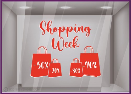 Sticker Shopping Week Sacs calicot autocollant lettrage vitrophanie devanture magasin mode maroquinerie ventes privees promotion