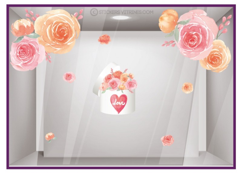 Kit de stickers boîte de roses et fleurs géantes Saint-Valentin fleuriste mode lettrage adhésif vitrophanie printemps vitrine