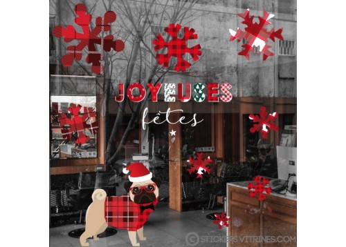 KIT DE STICKERS BOULEDOGUE NOEL FETES DECO MODE MAROQUINERIE HIVER BOUTIQUE VITRINE ADHESIF VITROPHANIE 