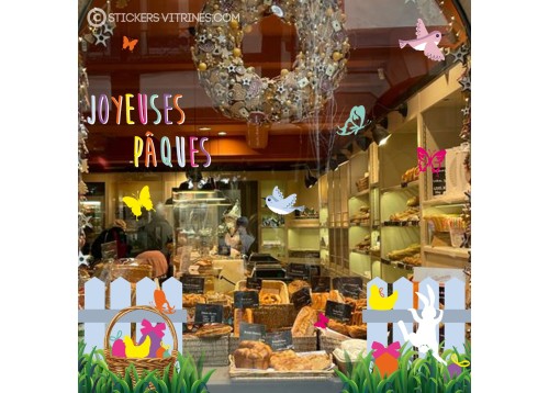 Sticker vitrine calicot vitrophanie adhésif décoration Pâques oeufs barrières chocolats lapin boulangerie patisserie epicerie