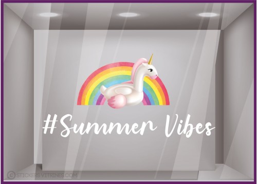 Licorne-Hashtag-Vitrophanie-Lettrage adhesif-Vitrine-Boutique-Arc en ciel-Summer vibes-sticker