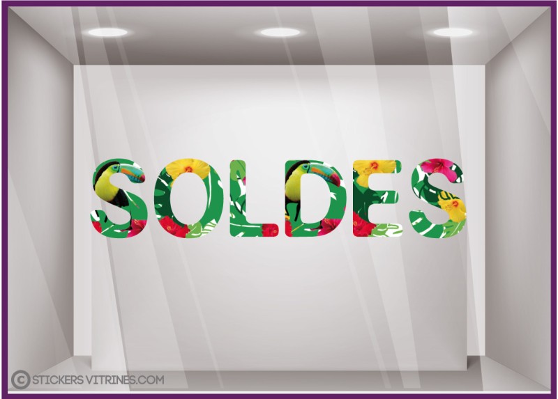 Lettres autocollantes-Soldes-Braderie-Ete-Promotion-Boutique-Adhesif-Vitrine-tropical-calicot