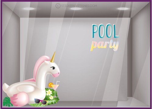 VITROPHANIE-DECORATION-ADHESIF-MAGASIN-COMMERCE-VITRE-LETTRAGE-POOL PARTY-LICORNE