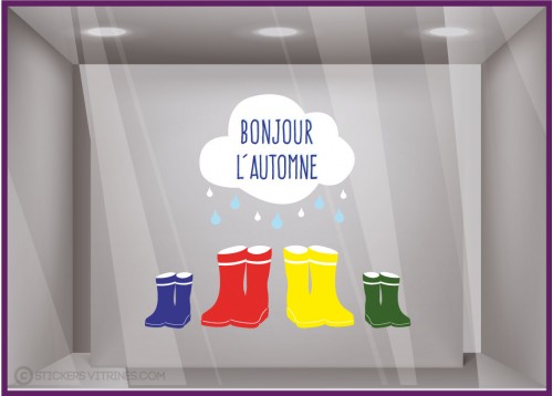 Botte Bonjour Automne Pluie Nuage Rentree des classes Vitrophanie Autocollant Geant Decoration Adhésif Boutique Magasin