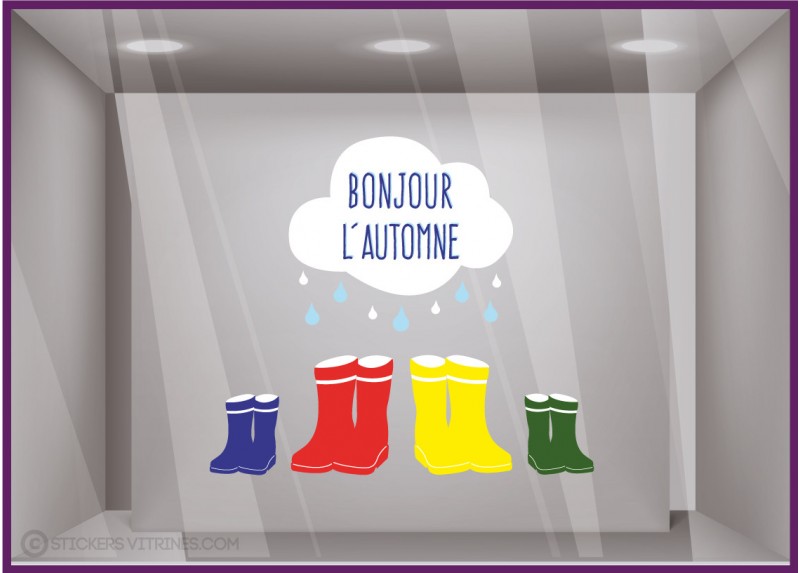 Botte Bonjour Automne Pluie Nuage Rentree des classes Vitrophanie Autocollant Geant Decoration Adhésif Boutique Magasin