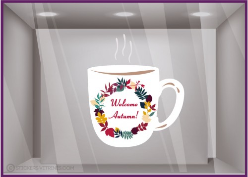 Welcome Mug Automne Bar Cafe Salon de the Restaurant Vitrophanie Sticker Autocollant Adhésif Decoration Boutique Magasin