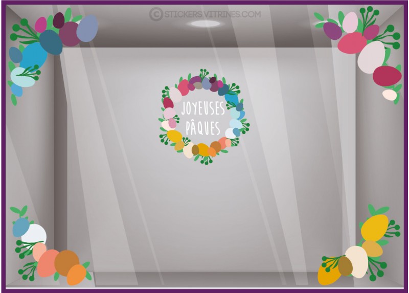 Décoration pour vitrine : Stickers 5 Oeufs Lapin Joyeuses Pâques