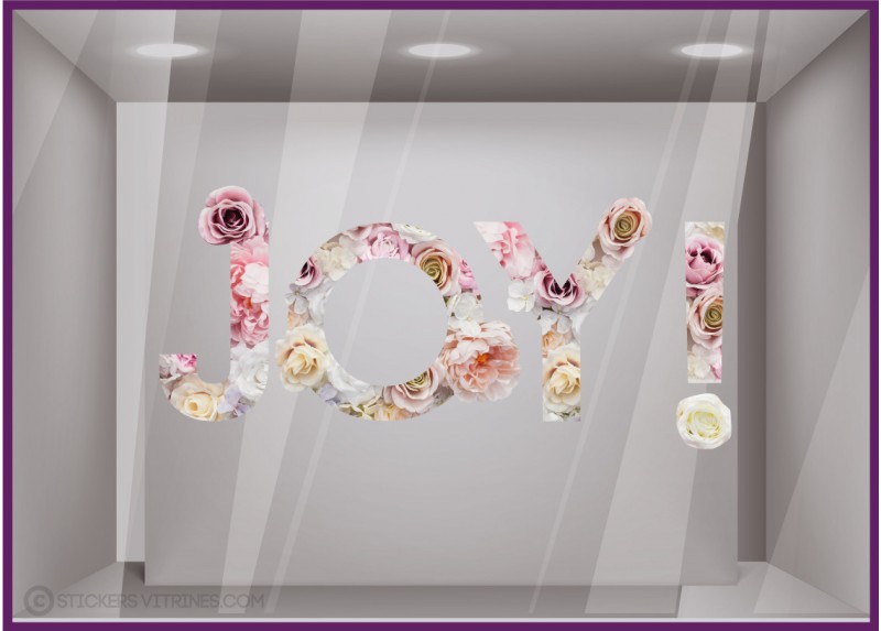 Stickers lettrage fleurs JOY ! printemps saison idee decoration magasin mode opticien vitrophanie lettre adhesive  