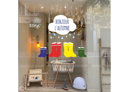 Botte Bonjour Automne Pluie Nuage Rentree des classes Vitrophanie Autocollant Geant Decoration Adhésif Boutique Magasin