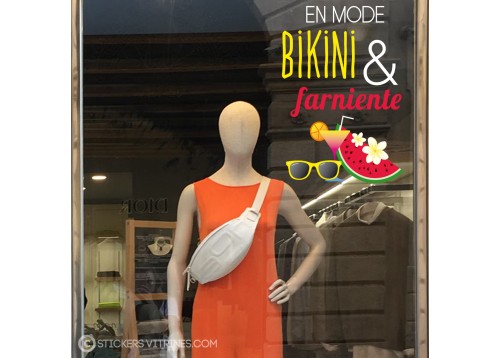 Sticker en mode Bikini et farniente vitres magasin été pastèque cocktail maillot de bain piscine mer mode lunettes de soleil