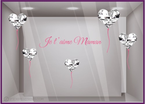 Kit de stickers ballon coeur diamant maman amour boutique devanture bijouterie parfumerie calicot autocollant fete des meres