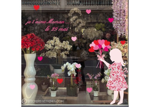 Kit de stickers petite fille bouquet fete des meres magasin mode fleuriste adhesif vitrine coeur liberty lettrage rose maman 
