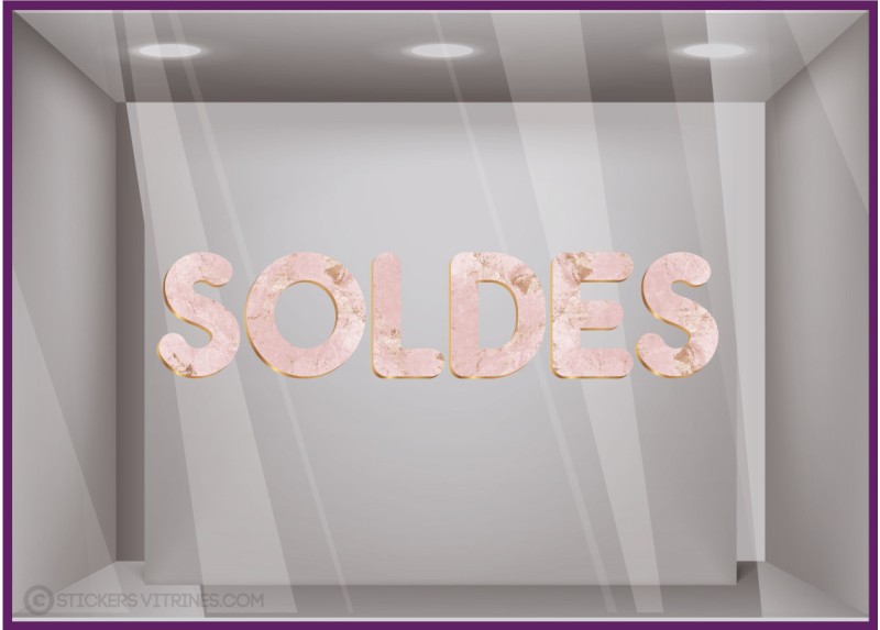 stickers soldes marbre rose or promotion destockage magasin mode boutique vitrine vitrophanie lettrage adhesif