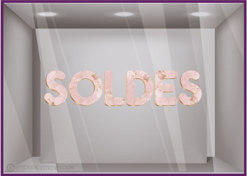 stickers soldes marbre rose or promotion destockage magasin mode boutique vitrine vitrophanie lettrage adhesif