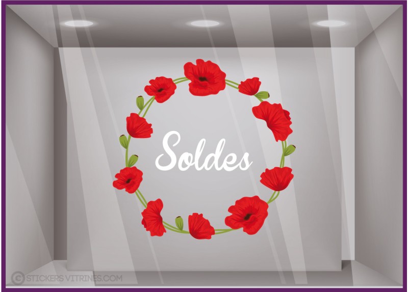 sticker soldes couronne coquelicots fleur vitrine boutique mode bijouterie vitrophanie destockage braderie marquage adhesif