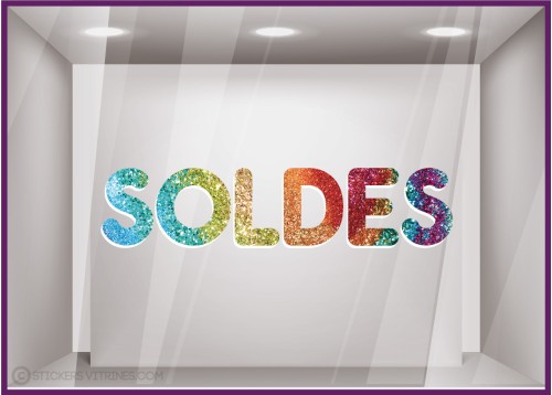 sticker soldes paillettes arc en ciel vitrine devanture vitrophanie magasin boutique mode beaute decoration lettre adhesive 