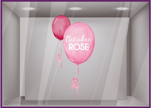 Stickers Ballons Octobre Rose vitrophanie calicot autocollant ruban cancer sein magasin vitrine publicitaire