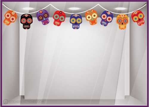 Kit de stickers Frise Tête de Mort Mexicaine Halloween vitrophanie idee decoration magasin boutique deguisement