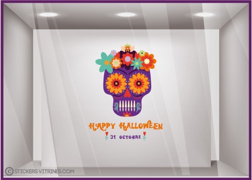 Sticker Tete de Mort Mexicaine Halloween vitrophanie fleurs calicot squelette magasin