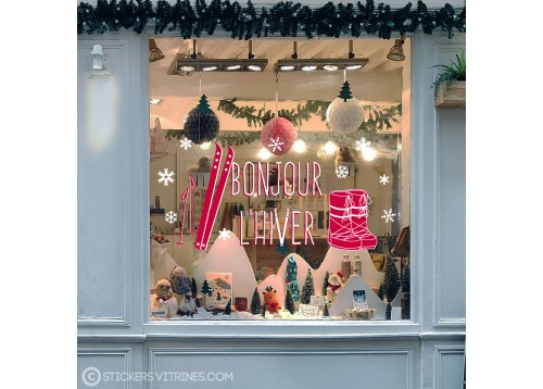 Sticker Bonjour hiver Apres ski moonboots noel vitrophanie vitrine magasin decoration commerce