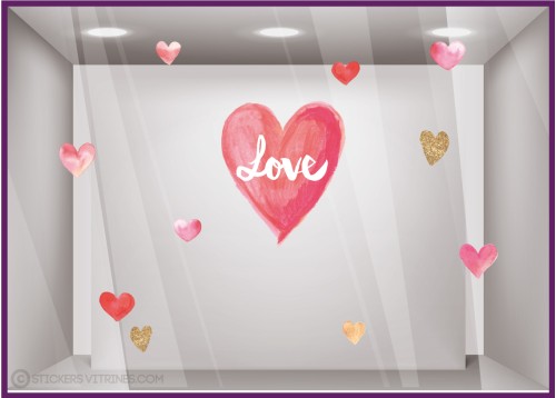 Kit de Stickers Coeurs Love Aquarelle St Valentin vitrine magasin devanture idee deco