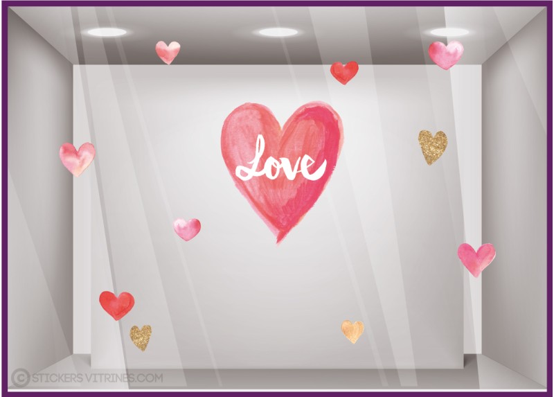 Sticker Coeurs Love aquarelle pour décoration de vitrine St Valentin