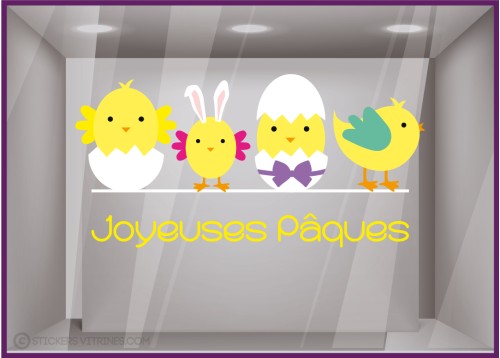 Stickers joyeuses paques poussin poule cocotte vitrophanie boulangerie patisserie chocolatier vitrophanie deco