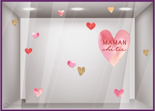 STICKER VITRINE COEUR MAMAN CHERIE  FETE DES MERES DECO MAGASIN VITRE IDEE BOUTIQUE PAILLETTE AQUARELLE FLEURISTE BIJOUTERIE