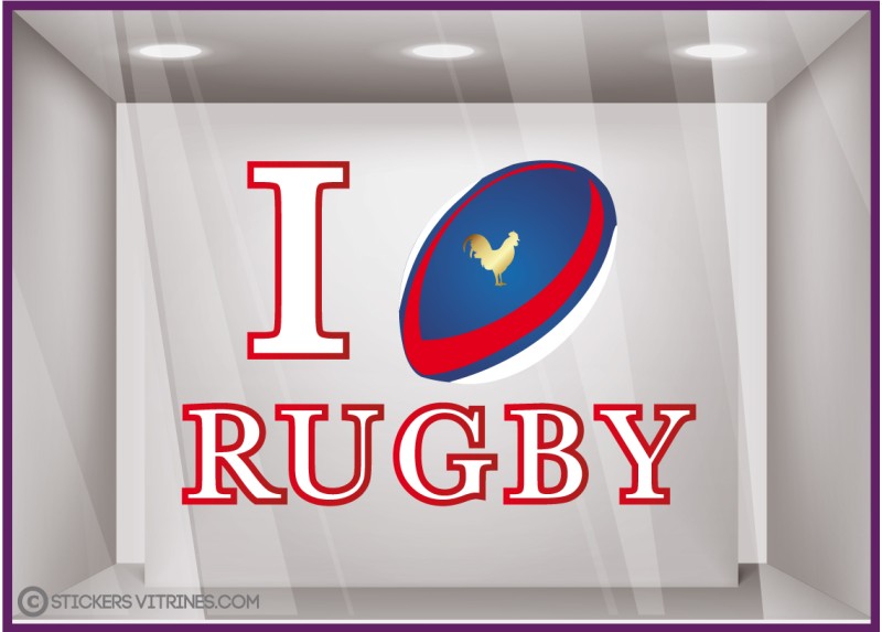 Sticker-I love Rugby-sport-homme-ballon-vitrine-coupe du monde-devanture-lettrage adhesif rouge commerce