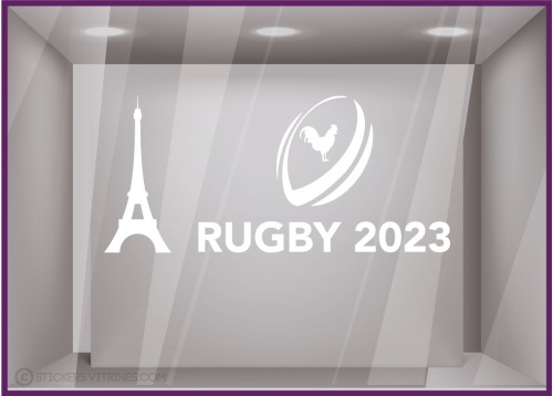 ADHESIF-VITRINE-SPORT-COMMERCE-DECORATION-BOUTIQUE-DEVANTURE-FABRICANT-COUPE DU MONDE RUGBY TOUR EIFFEL BLANC