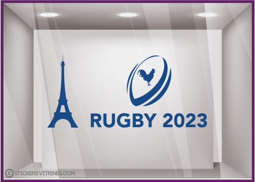 ADHESIF-VITRINE-SPORT-COMMERCE-DECORATION-BOUTIQUE-DEVANTURE-FABRICANT-COUPE DU MONDE RUGBY TOUR EIFFEL BLEU