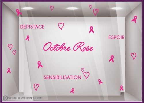 STICKER OCTOBRE ROSE MAGASIN VITRINE DEPISTAGE SENSIBLISATION ESPOIR FUCHSIA COEUR RUBAN