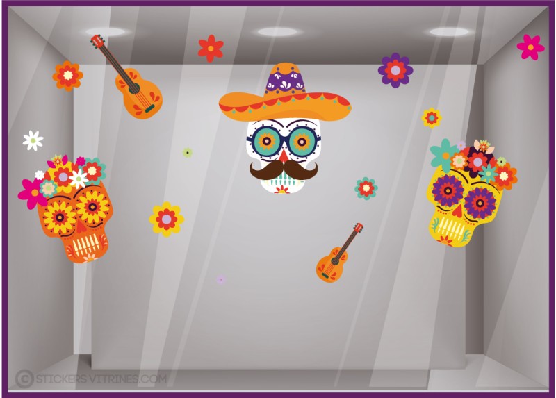 STICKER VITROPHANIE HALLOWEEN TETE DE MORT MEXICAINE DIA DE MUERTOS FLEUR GUITARE SQUELETTE