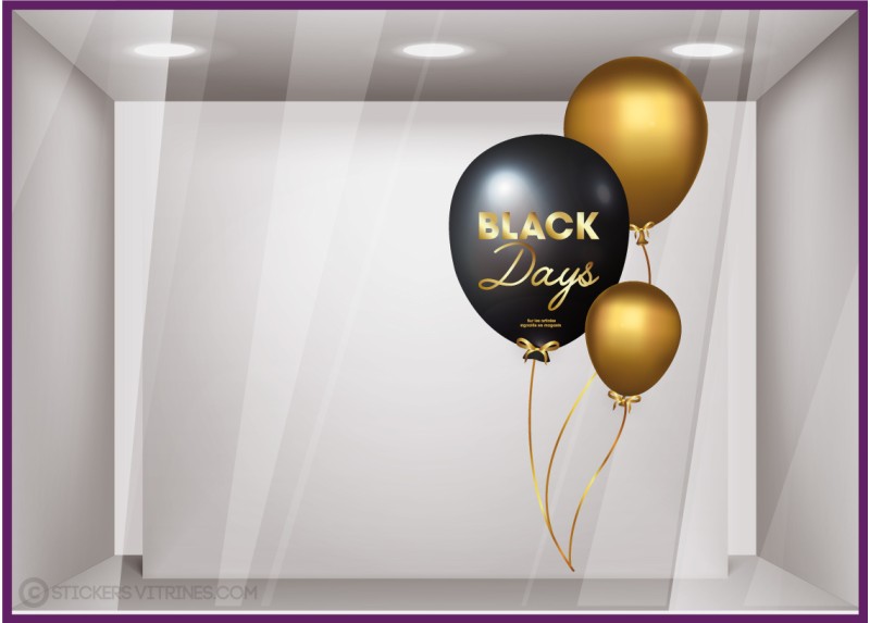 Sticker Black Friday pour vitrine de magasin : 3 ballons noir et or