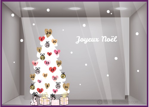 STICKERS SAPIN COEUR CALENDRIER DE L'AVENT NOEL CADEAUX CALICOT VITROPHANIE BOUTIQUE VITRINE MAGASIN JOYEUX DEVANTURE DECORATION