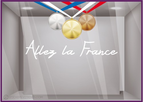 Vitrophanie-Vitrine-Sticker-medaille sportif-Devanture-Magasin-Allez la France-Autocollant-Lettrage adhesif-JEUX OLYMPIQUES