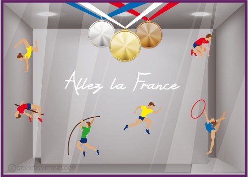 Autocollant Publicitaire-Jeux Olympiques-Vitrophanie-Anneaux-Magasin-Lettrage adhesif-Sport-athlete-allez la france-sticker