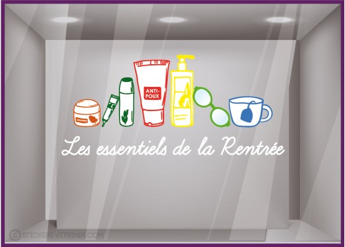 STICKER LES ESSENTIELS DE LA RENTREE PHARMACIE COMMERCE ADHESIF VITRES IDEE DECORATION