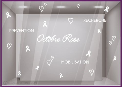 STICKER OCTOBRE ROSE RECHERCHE PREVENTION MOBILISATION COEUR RUBAN VITROPHANIE BOUTIQUE MAGASIN PHARMACIE SANTE