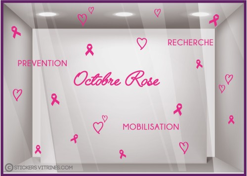STICKER VITRINE RECHERCHE OCTOBRE ROSE MOBILISATION PREVENTION COEUR RUBAN VITROPHANIE BOUTIQUE LETTRAGE ADHESIF