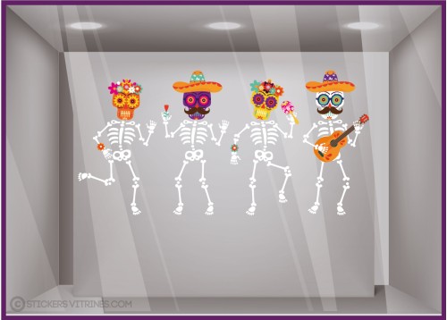 STICKERS HALLOWEEN SQUELETTE DIA DE LOS MUERTOS MEXIQUE VITROPHANIE MAGASIN VITRINE BOUTIQUE FABRICANT