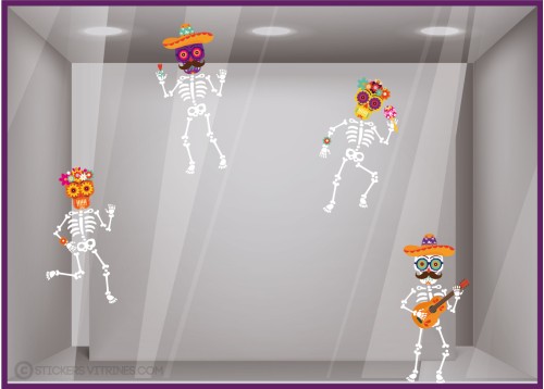 STICKER VITROPHANIE HALLOWEEN SQUELETTE DIA DE LOS MUERTOS FLEUR VITRINE MAGASIN BOUTIQUE COMMERCE DECORATION IDEE FOURNISSEUR