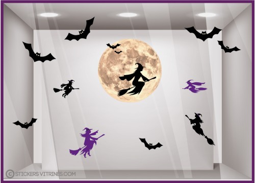 STICKERS HALLOWEEN LUNE SORCIERE CHAUVE SOURIS VITRINE MAGASIN VITROPHANIE FABRICANT PAS CHER
