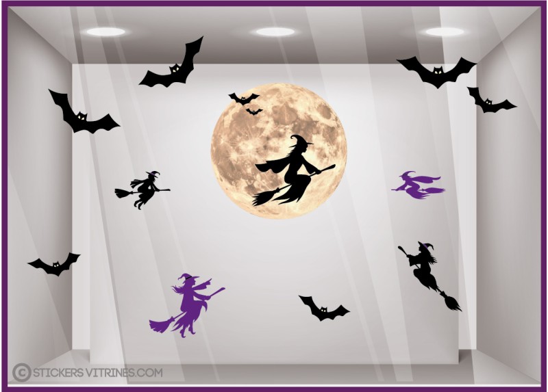 STICKERS HALLOWEEN LUNE SORCIERE CHAUVE SOURIS VITRINE MAGASIN VITROPHANIE FABRICANT PAS CHER