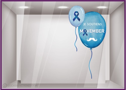 STICKER MOVEMBER BALLON MOUSTACHE VITROPHANIE RUBAN BLEU MAGASIN BOUTIQUE PHARMACIE