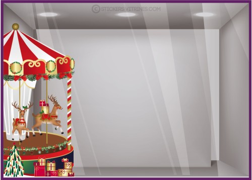 STICKER MANEGE DE NOEL COURROUSEL CERF SAPIN CADEAU VITRINE MAGASIN VITROPHANIE AUTOCOLLANT BOUTIQUE