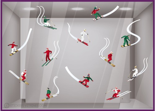 STICKER SKI SKIEUR SURFEUR MONTAGNE NEIGE VITROPHANIE NOEL DECORATION MAGASIN HIVER BOUTIQUE