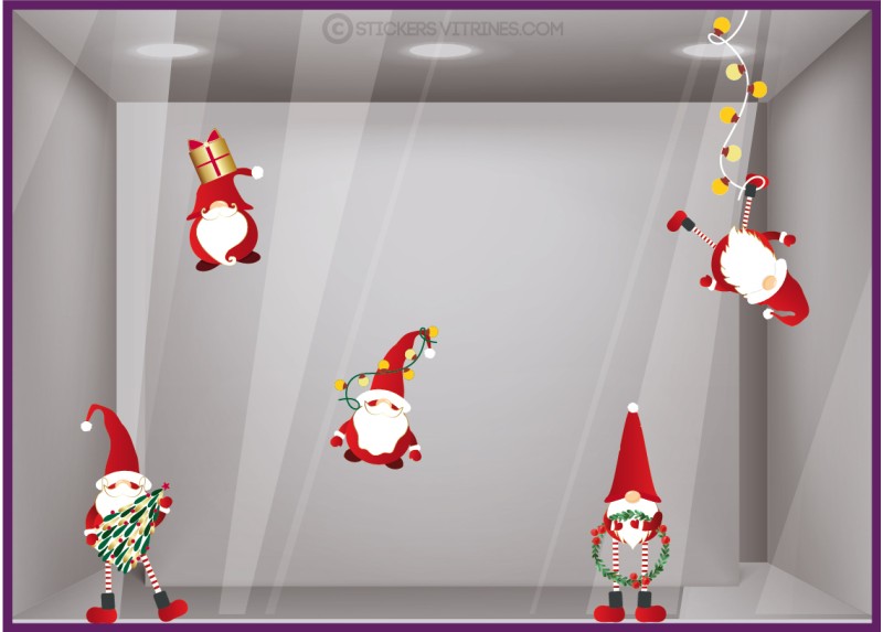 STICKER LUTIN PERE NOEL DECORATION GUIRLANDE CADEAU COURONNE MAGASIN BOUTIQUE VITROPHANIE VITRINE