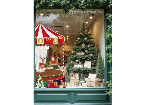 STICKER MANEGE NOEL CERF SAPIN VITRINE MAGASIN VITROPHANIE IDEE DECORATION BOUTIQUE IMPRIMEUR
